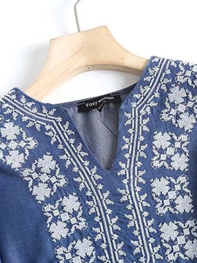 Ethnic Style V-neck Embroidery Drape Breathable Tencel Denim Dress
