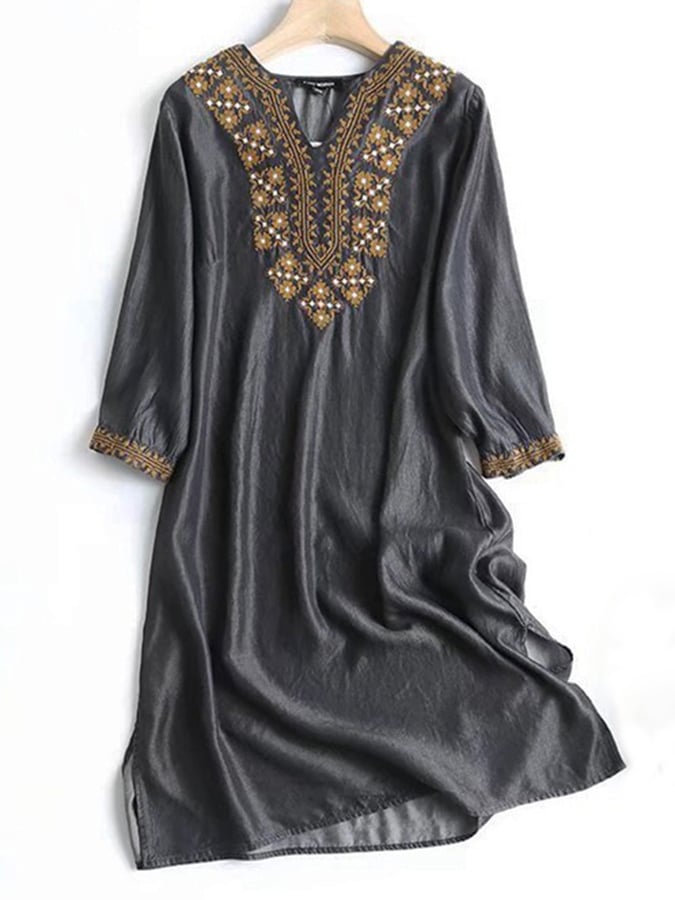 Ethnic Style V-neck Embroidery Drape Breathable Tencel Denim Dress