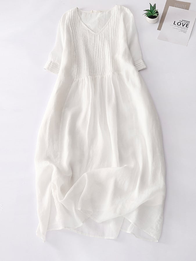 Elegant Pleated Loose Cotton Linen Dress