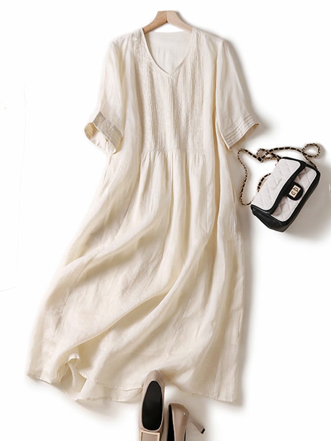 Elegant Pleated Loose Cotton Linen Dress