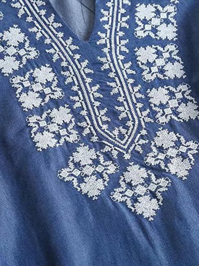 Ethnic Style V-neck Embroidery Drape Breathable Tencel Denim Dress